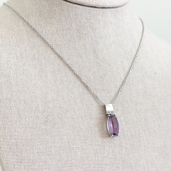 14K Solid White Gold Faceted Amethyst Diamond Accent Pendant Chain Necklace 18" - Picture 8 of 11